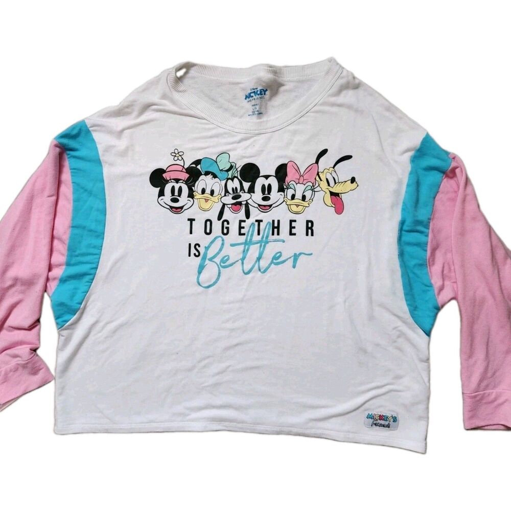Disney Mickey Mouse Together Is Better Pajama Top White Pink Blue Womens Sz L